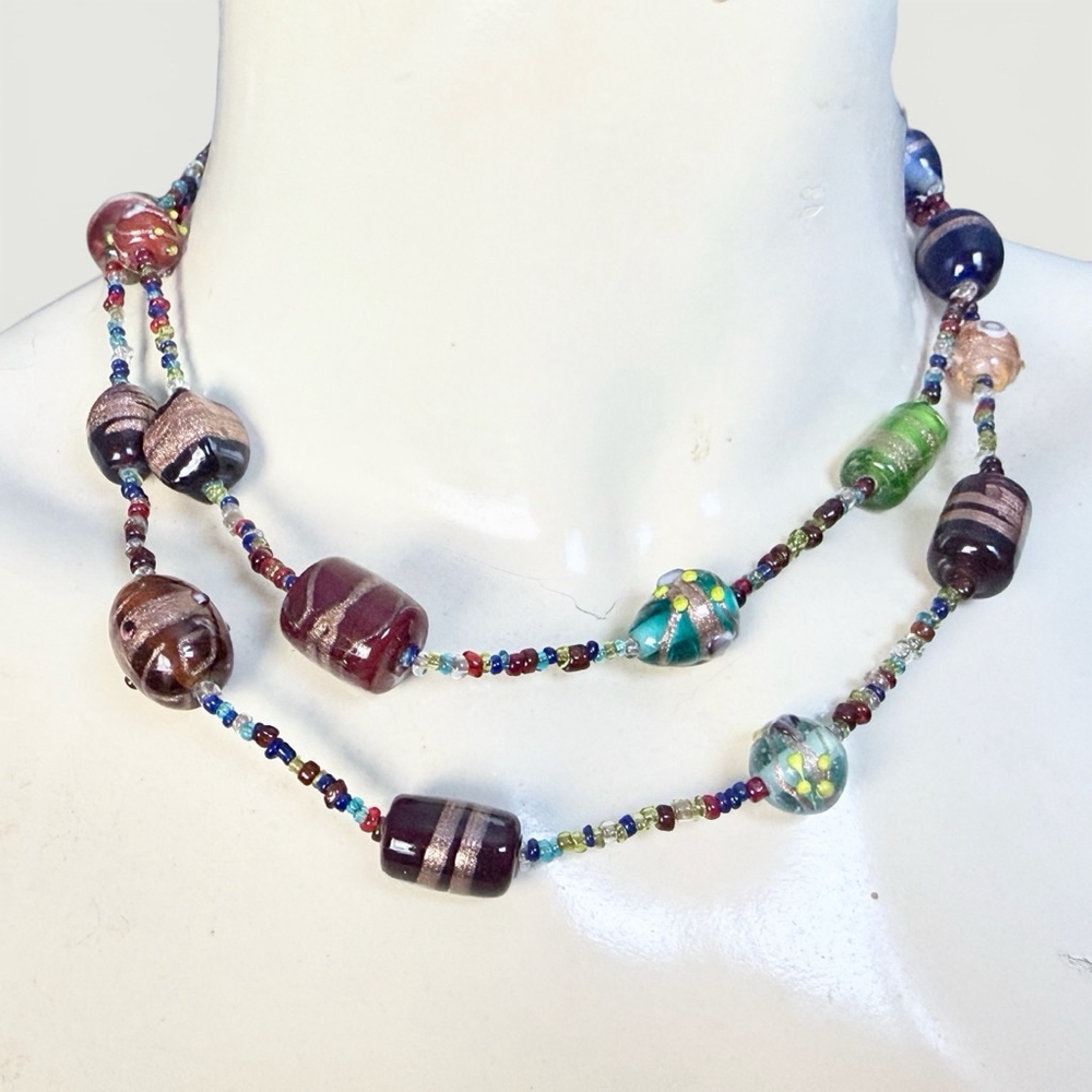 Vintage 1960s Venetian Lampwork Glass Necklace, Aventurine Art Glass Beads - Picture 4 of 7